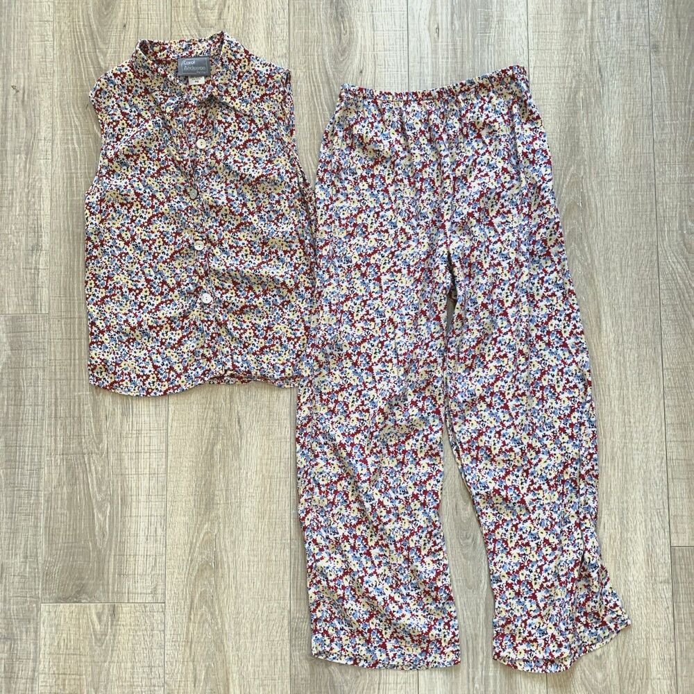 Vintage Carol Anderson Set Sleeveless Blouse Top Pull On Pants Floral Petite M